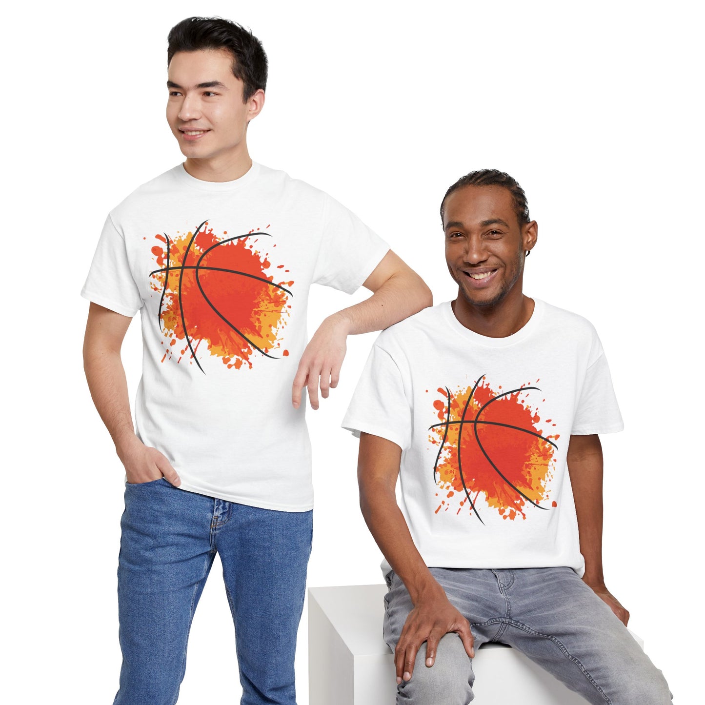 Printify celebration basketball t-shirt with orange basketball graphic worn by two men in casual outfits
