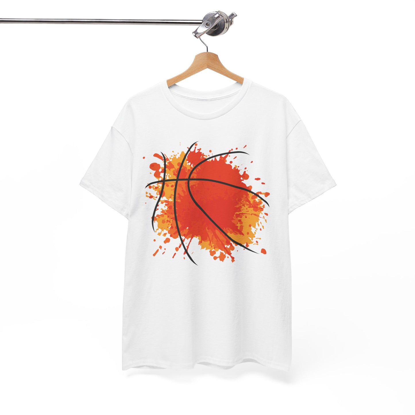 White celebration basketball t-shirt with orange splash and black basketball line art by Printify