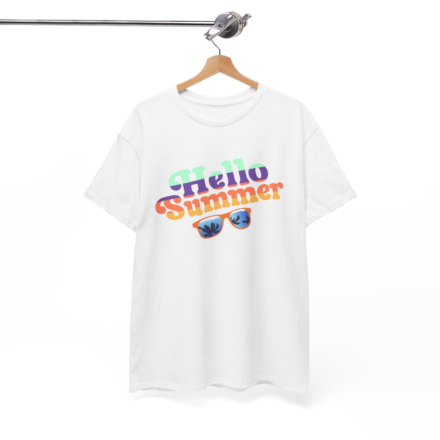 Printify white t-shirt with Hello Summer graphic and sunglasses design colorful summer event shirt
