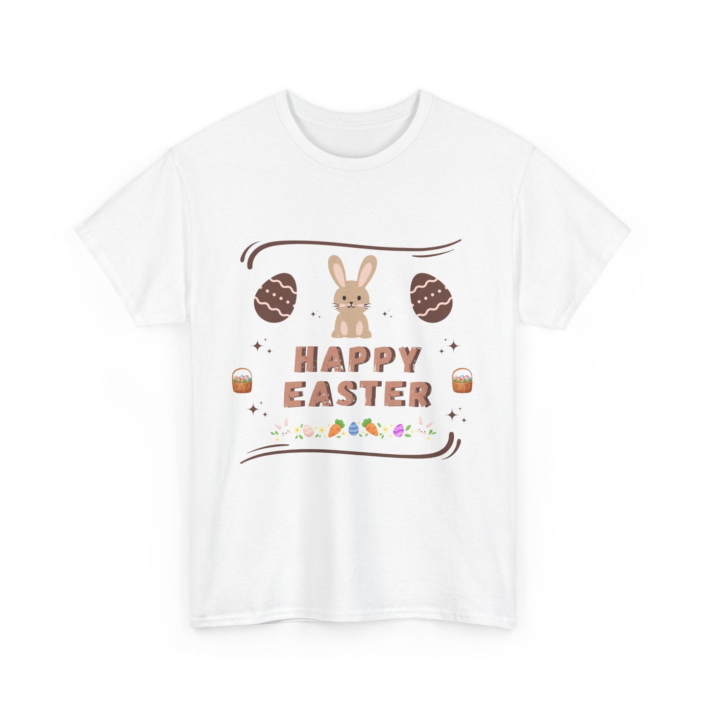 White T-shirt with cute bunny Easter tee design featuring Happy Easter text and decorated eggs