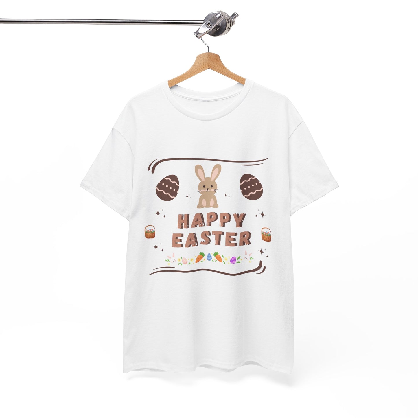 White T-shirt with cute bunny Easter tee design featuring bunny and Easter eggs