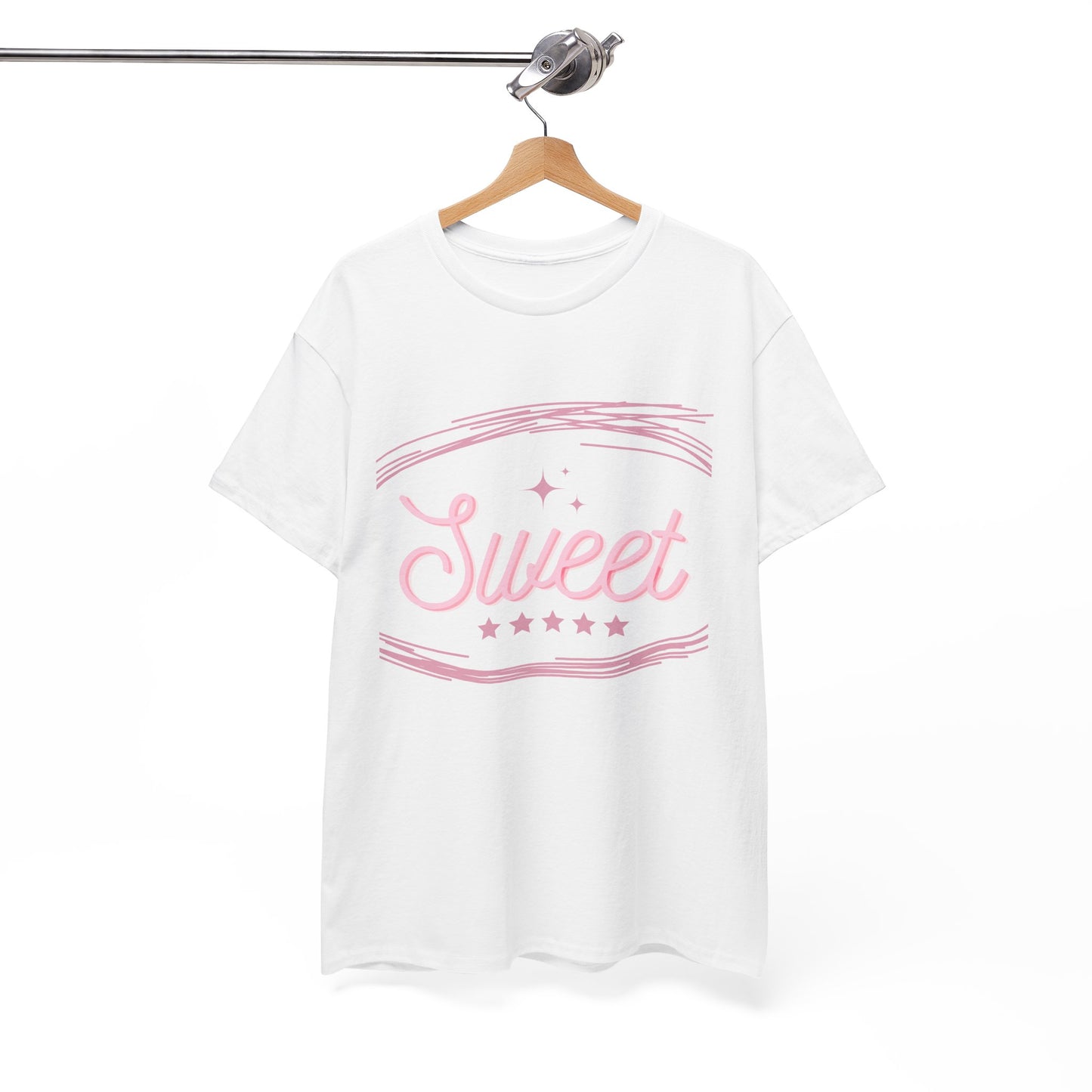 White cute party shirt for adults with pink Sweet text and star design hanging on wooden hanger