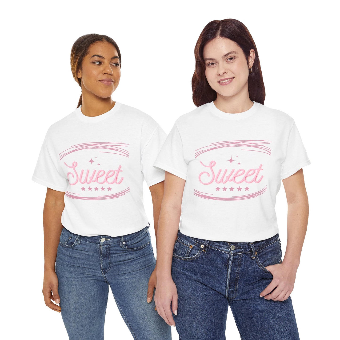 Two women wearing white cute party shirt for adults with pink Sweet text design and stars