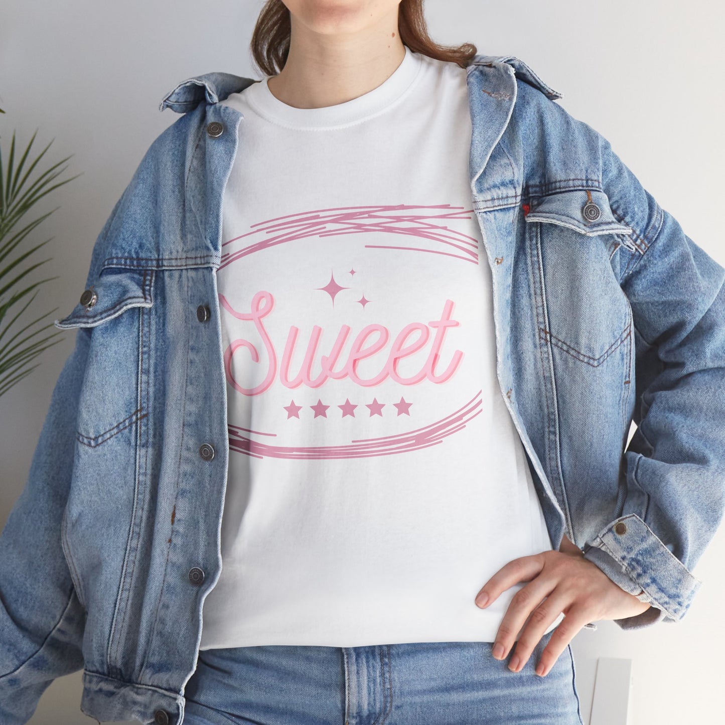 White cute party shirt for adults with pink Sweet design worn under denim jacket