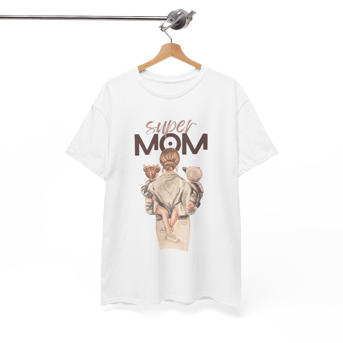 White celebration shirt for moms with super mom graphic holding two children hanging on wooden hanger