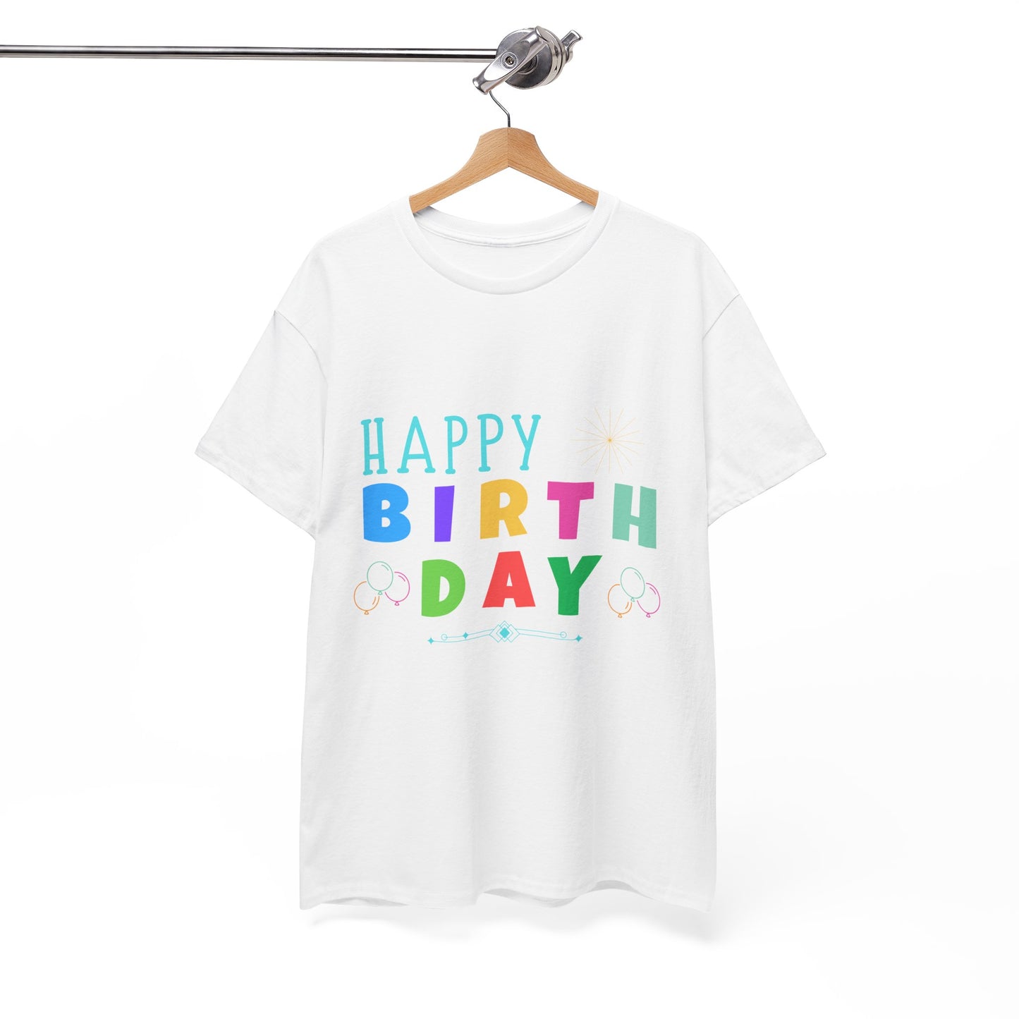 White T-shirt with colorful Happy Birthday design perfect as a unique birthday gift shirt