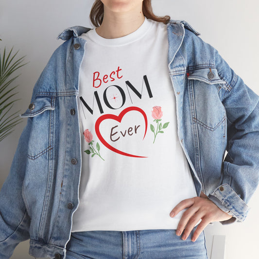White Best Mom Ever mother's day gift shirt worn with denim jacket for casual style