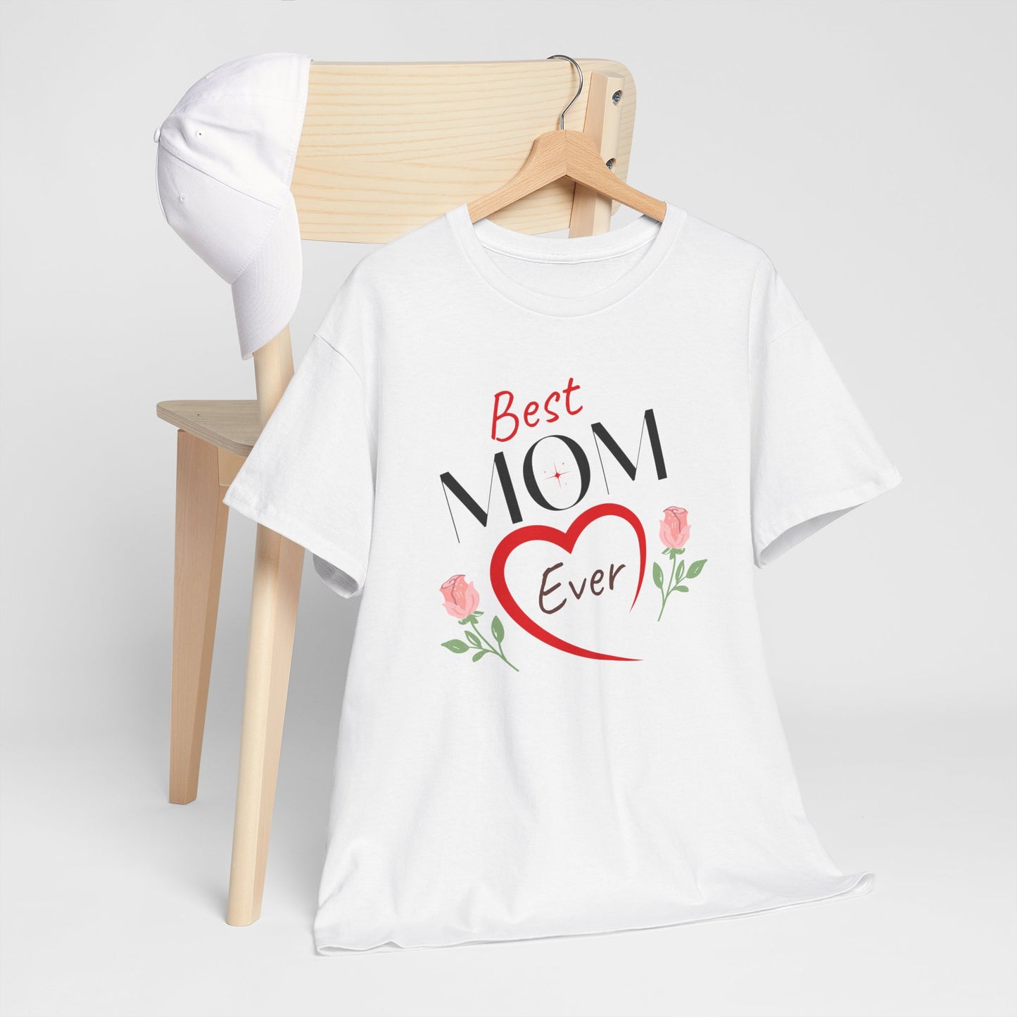 White Printify mother's day gift shirt with Best Mom Ever text and heart design with roses