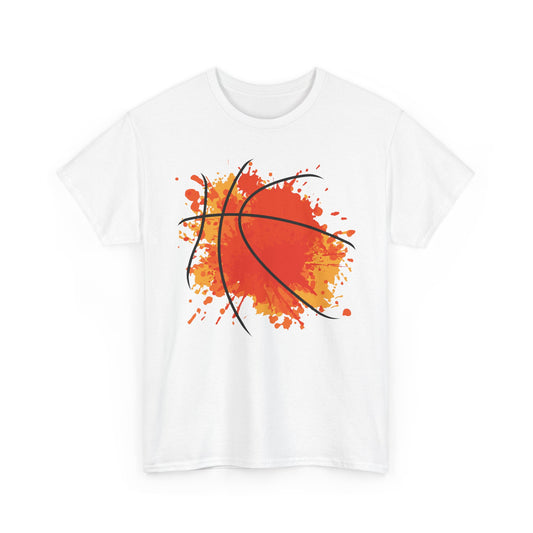 White Printify t-shirt featuring an orange splash design with basketball lines celebration basketball t-shirt
