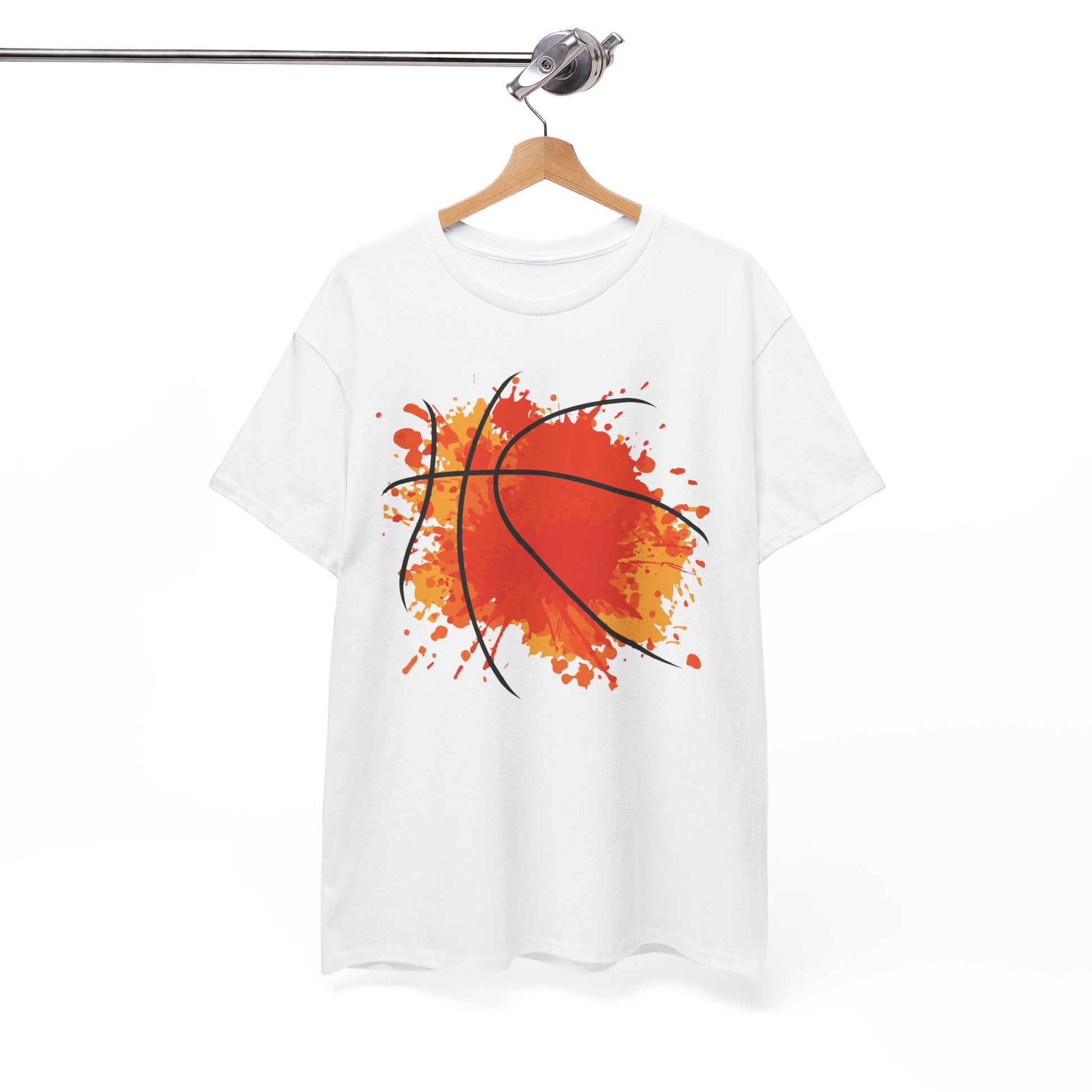 White celebration basketball t-shirt with orange splash and black basketball line art by Printify
