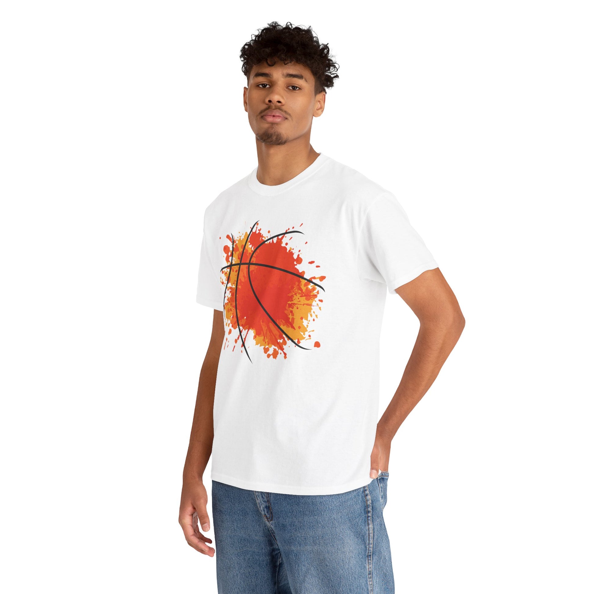 White Printify celebration basketball t-shirt with artistic orange basketball splash design