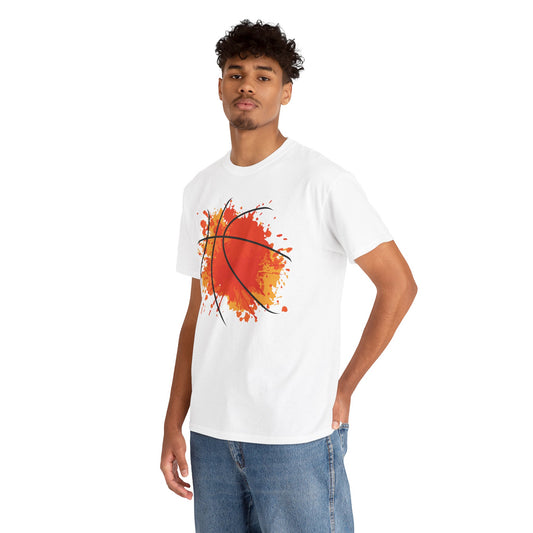 White Printify celebration basketball t-shirt with artistic orange basketball splash design