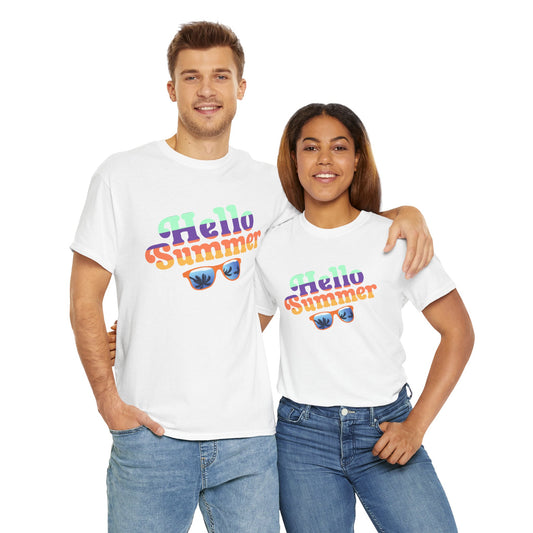 Printify colorful summer event shirt with Hello Summer text and sunglasses design on white t-shirts