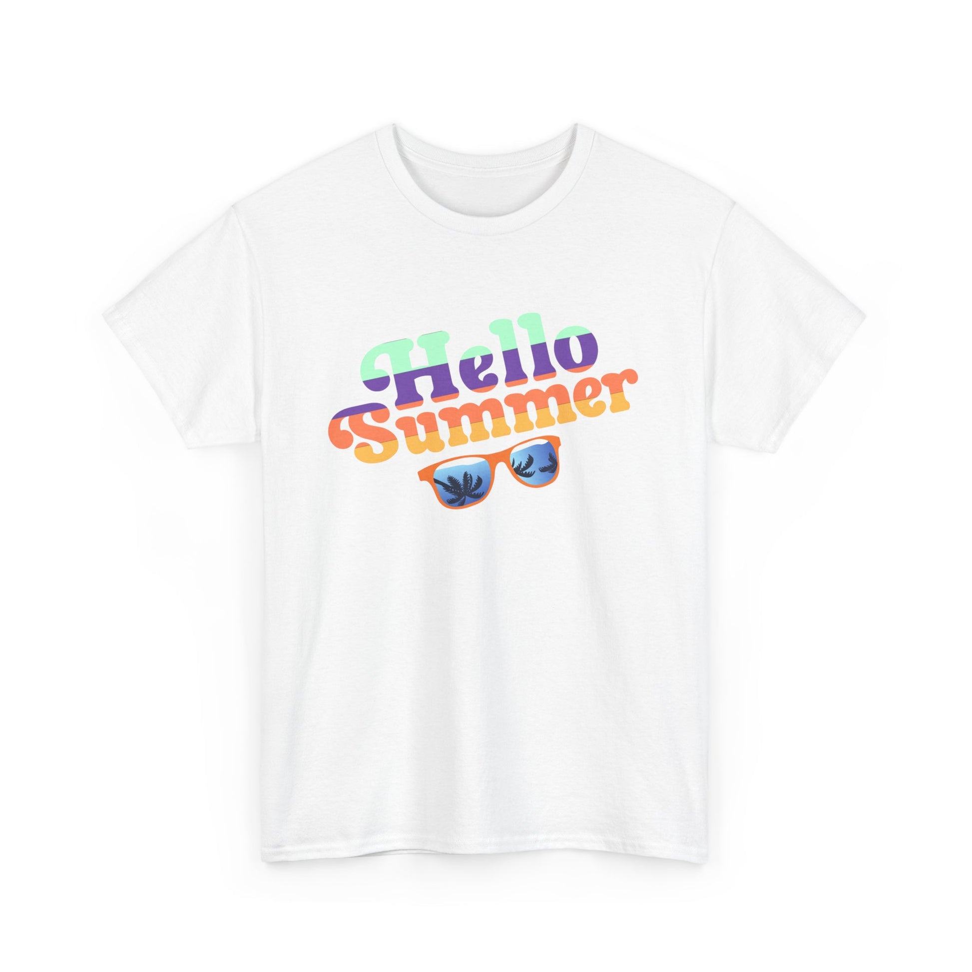 Printify white t-shirt with colorful Hello Summer text and sunglasses graphic colorful summer event shirt