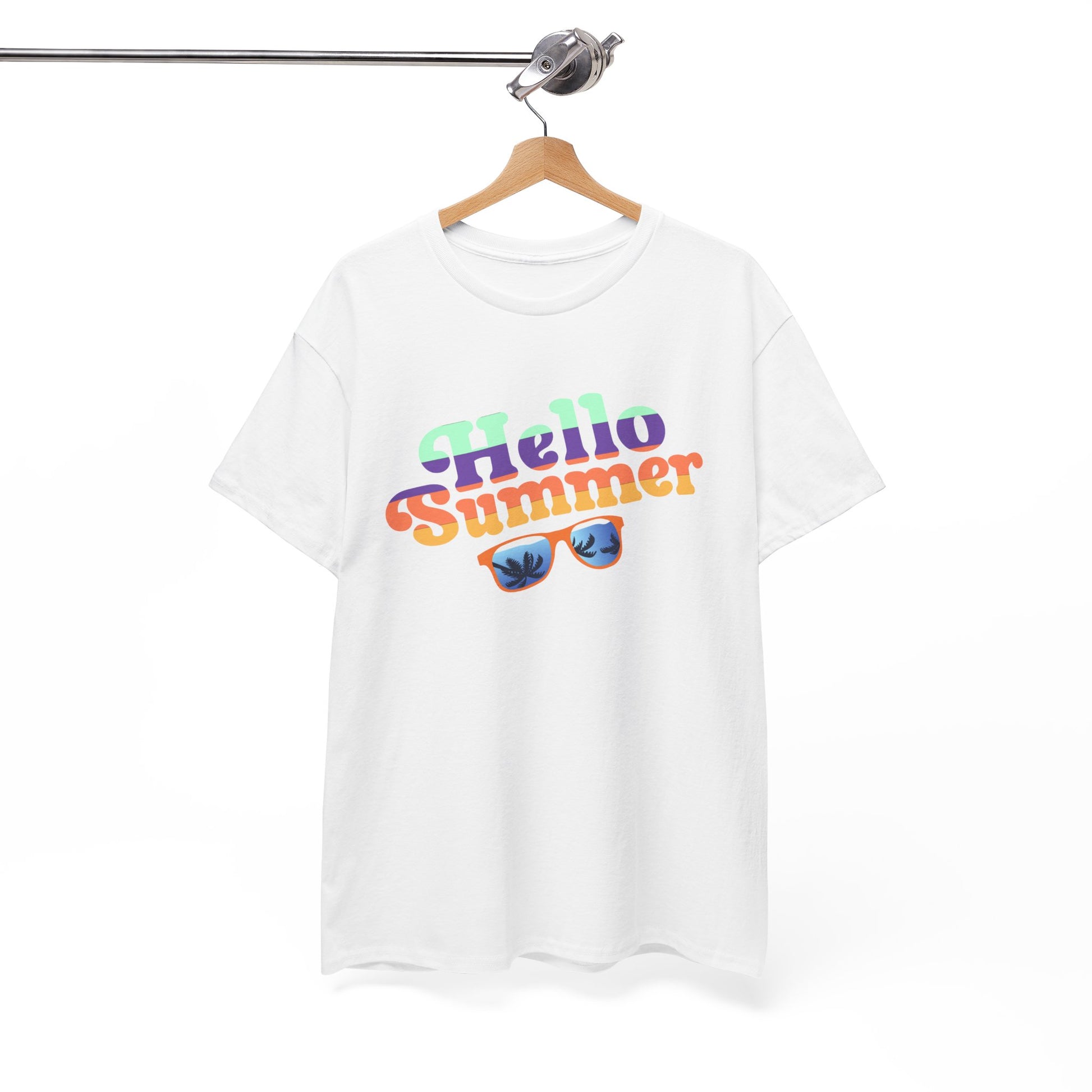 Printify white t-shirt with Hello Summer graphic and sunglasses design colorful summer event shirt