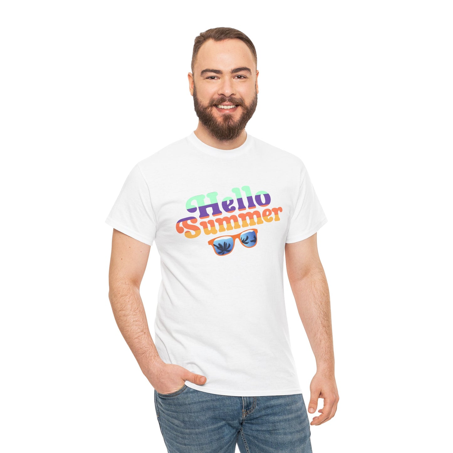 Printify white T-shirt with colorful Hello Summer graphic and sunglasses, colorful summer event shirt