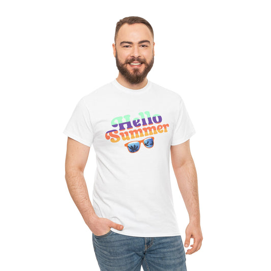 Printify white T-shirt with colorful Hello Summer graphic and sunglasses, colorful summer event shirt