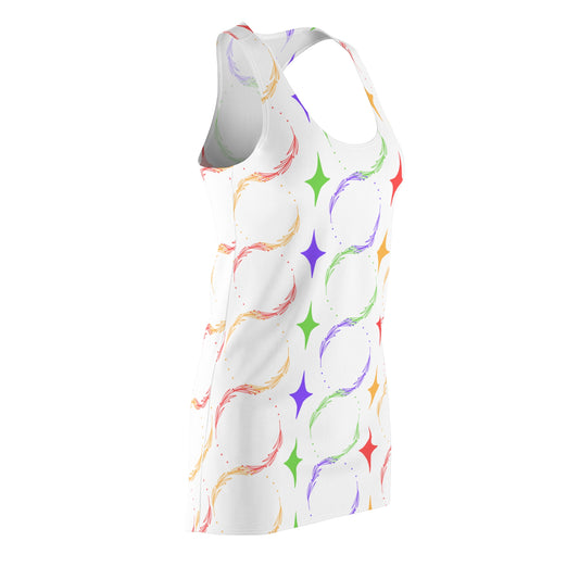 Printify comfortable racerback sundress with colorful abstract circular and star pattern on white background