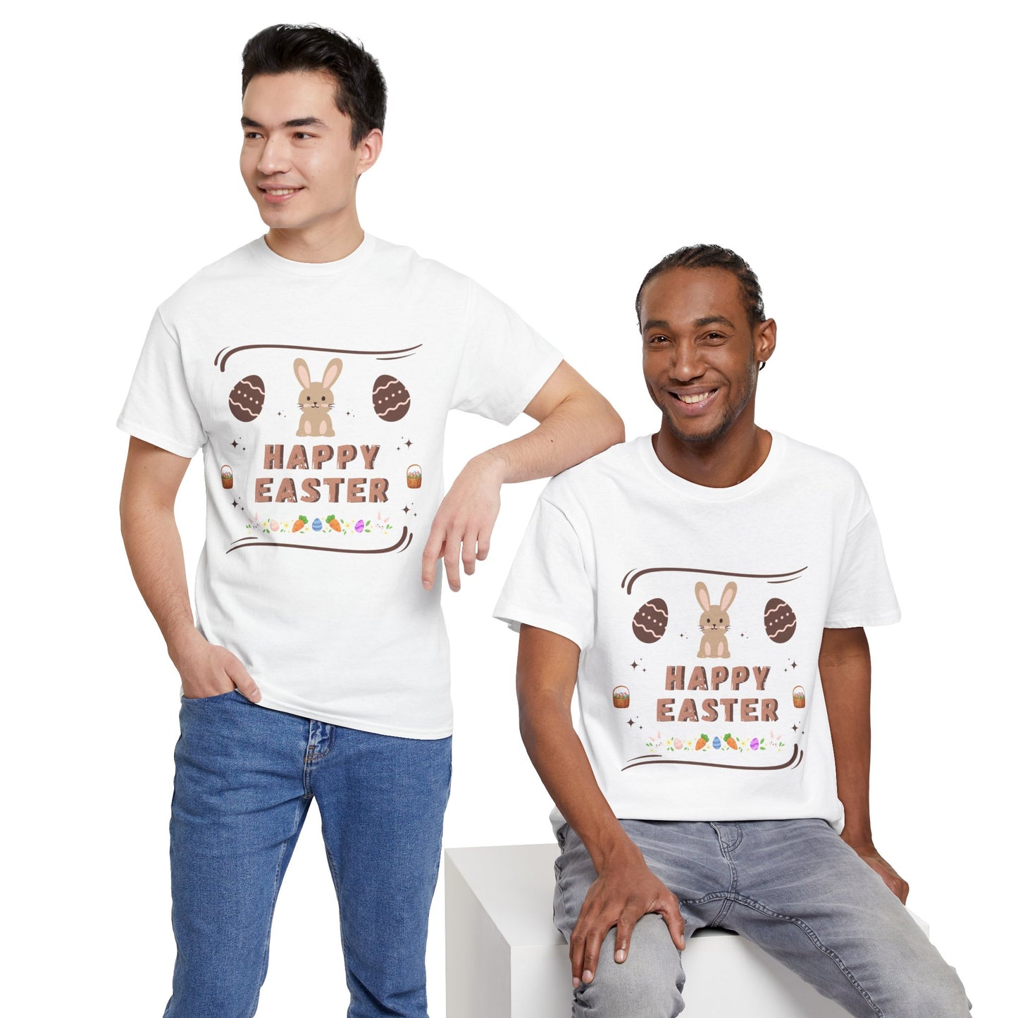 Men wearing white cute bunny Easter tee with Happy Easter design and chocolate eggs