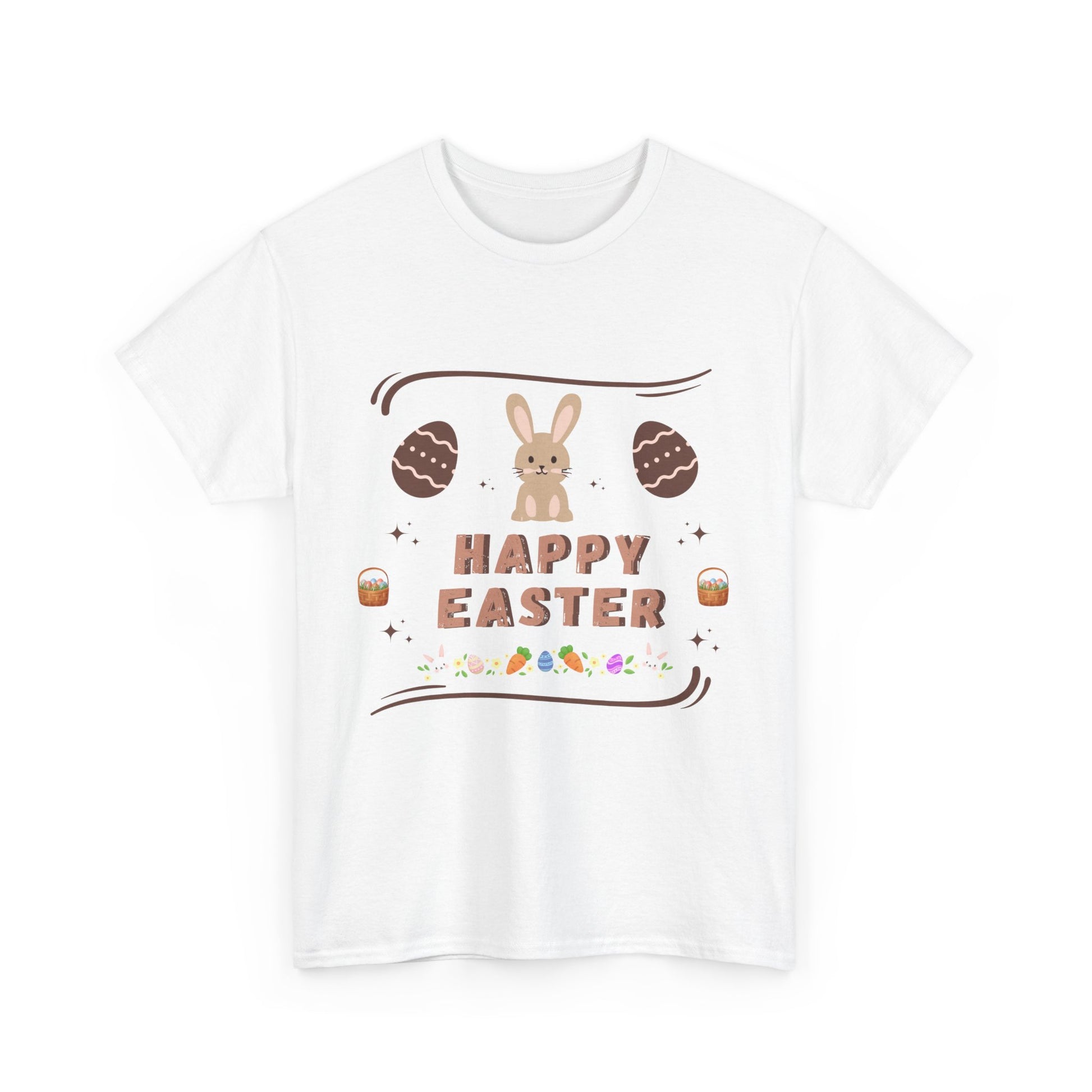 White T-shirt with cute bunny Easter tee design featuring Happy Easter text and decorated eggs