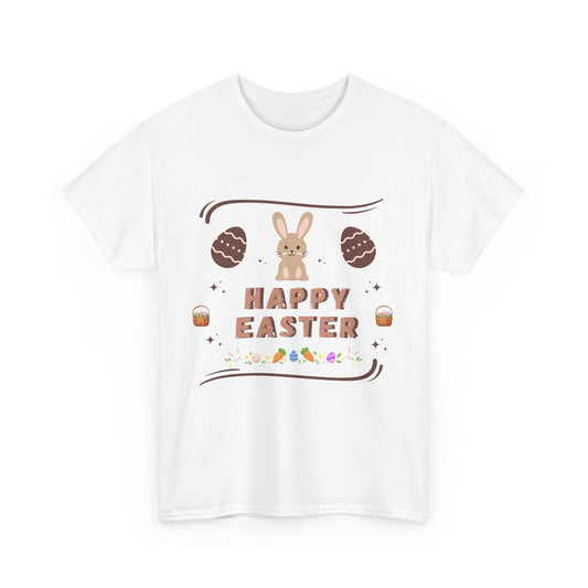 White T-shirt with cute bunny Easter tee design featuring Happy Easter text and decorated eggs