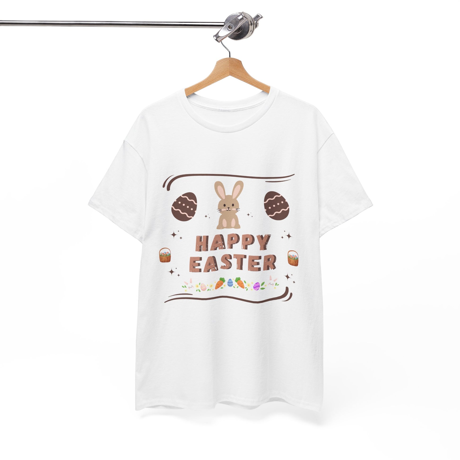 White T-shirt with cute bunny Easter tee design featuring bunny and Easter eggs