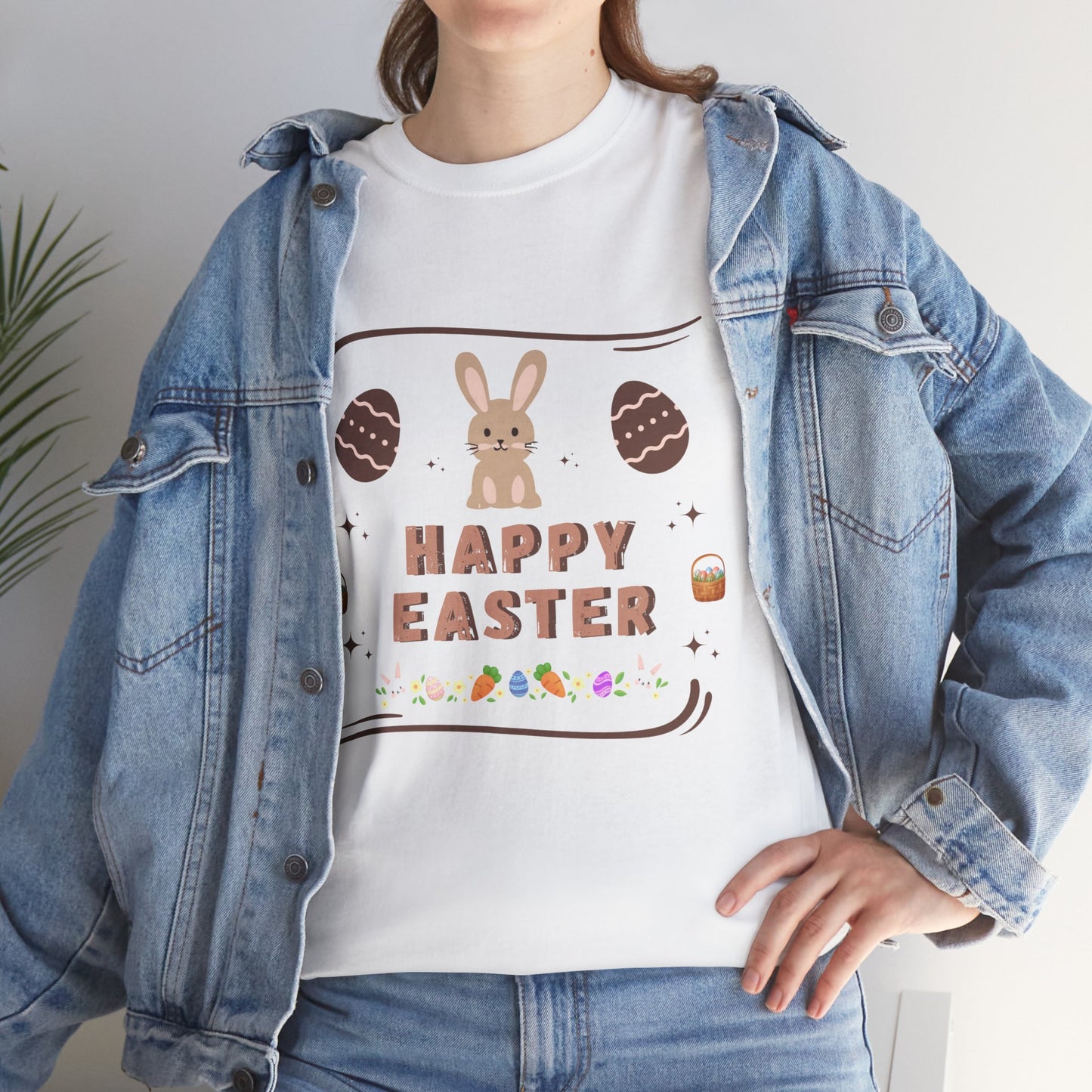 White cute bunny Easter tee with Happy Easter design worn under a blue denim jacket