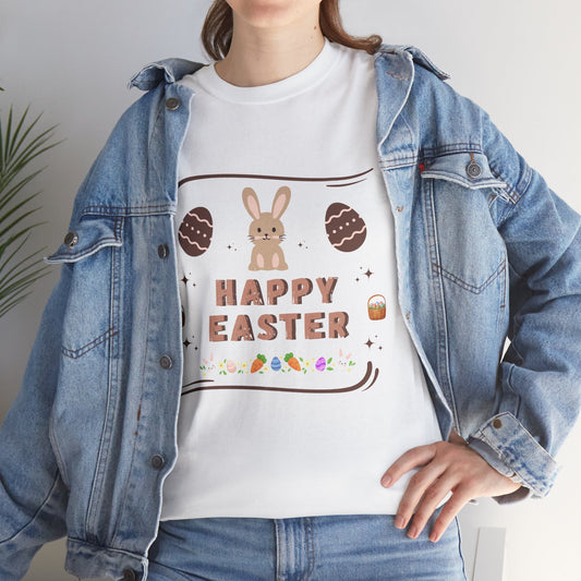 White cute bunny Easter tee with Happy Easter design worn under a blue denim jacket