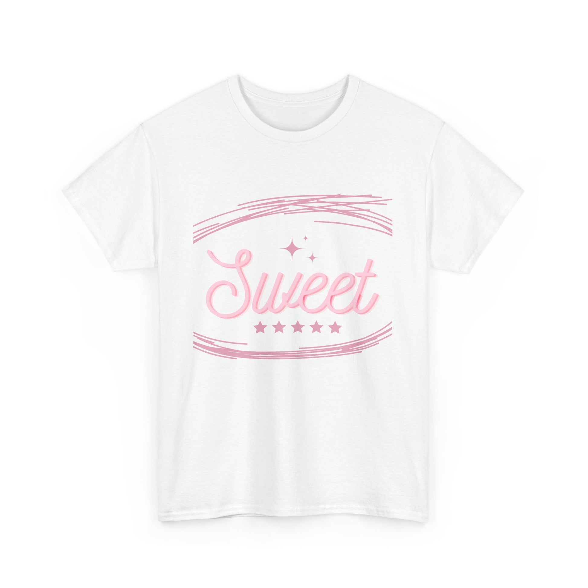 White T-Shirt with pink Sweet text and stars design cute party shirt for adults