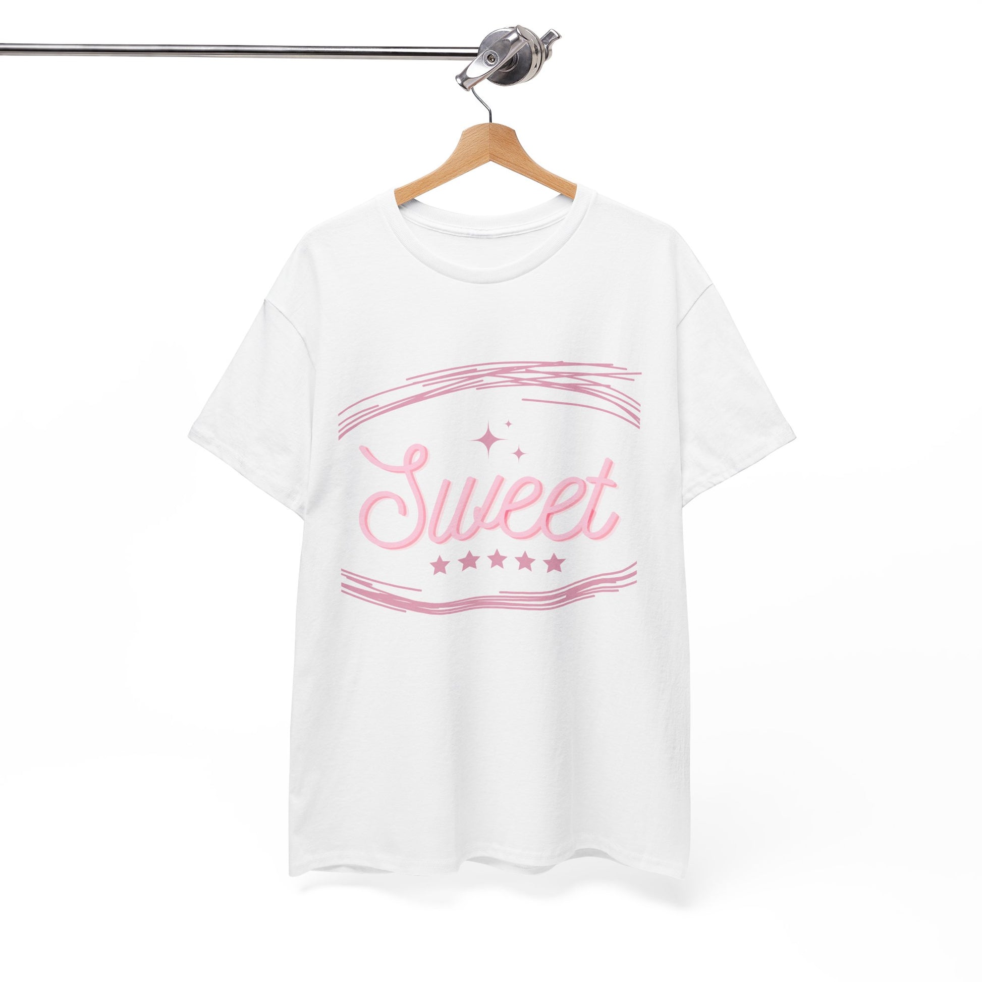 White cute party shirt for adults with pink Sweet text and star design hanging on wooden hanger