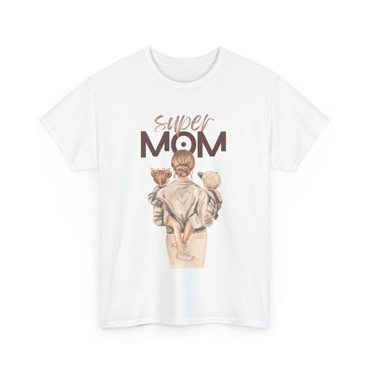 White celebration shirt for moms featuring a graphic of a mother holding two children with Super Mom text