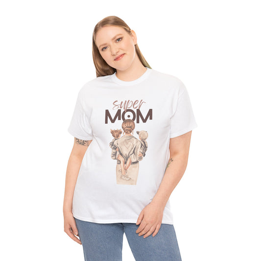 White celebration shirt for moms with super mom graphic and woman holding two kids