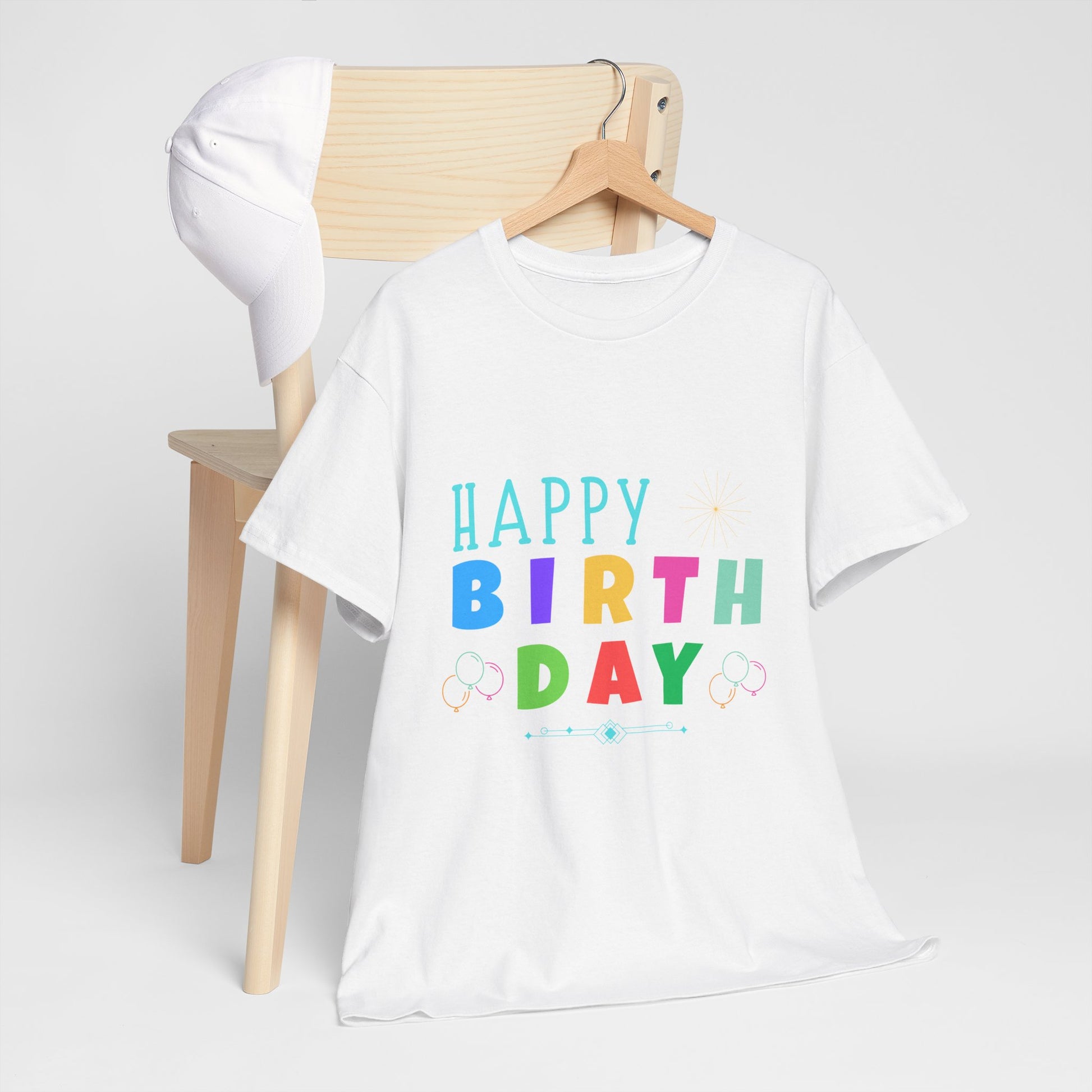 White t-shirt with colorful Happy Birthday design perfect unique birthday gift shirt