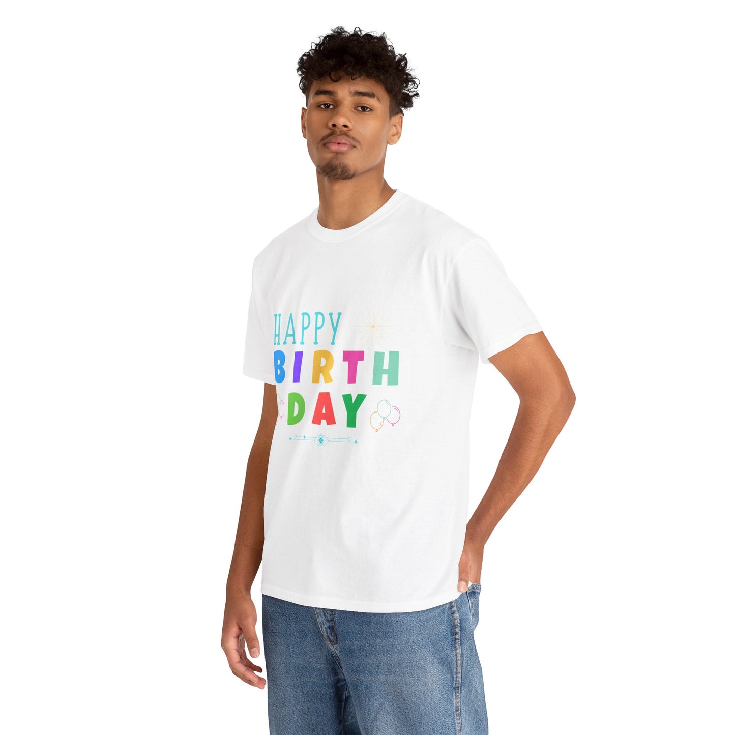 White T-shirt with colorful Happy Birthday text perfect as a unique birthday gift shirt