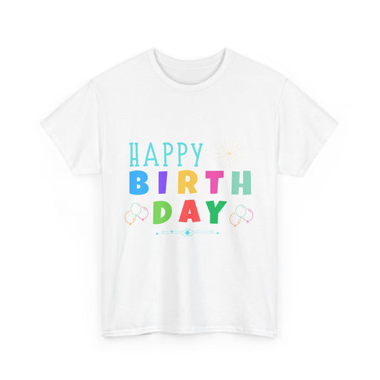 White t-shirt with colorful happy birthday design, perfect unique birthday gift shirt