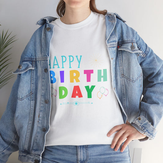 White unique birthday gift shirt with colorful Happy Birthday text worn with denim jacket
